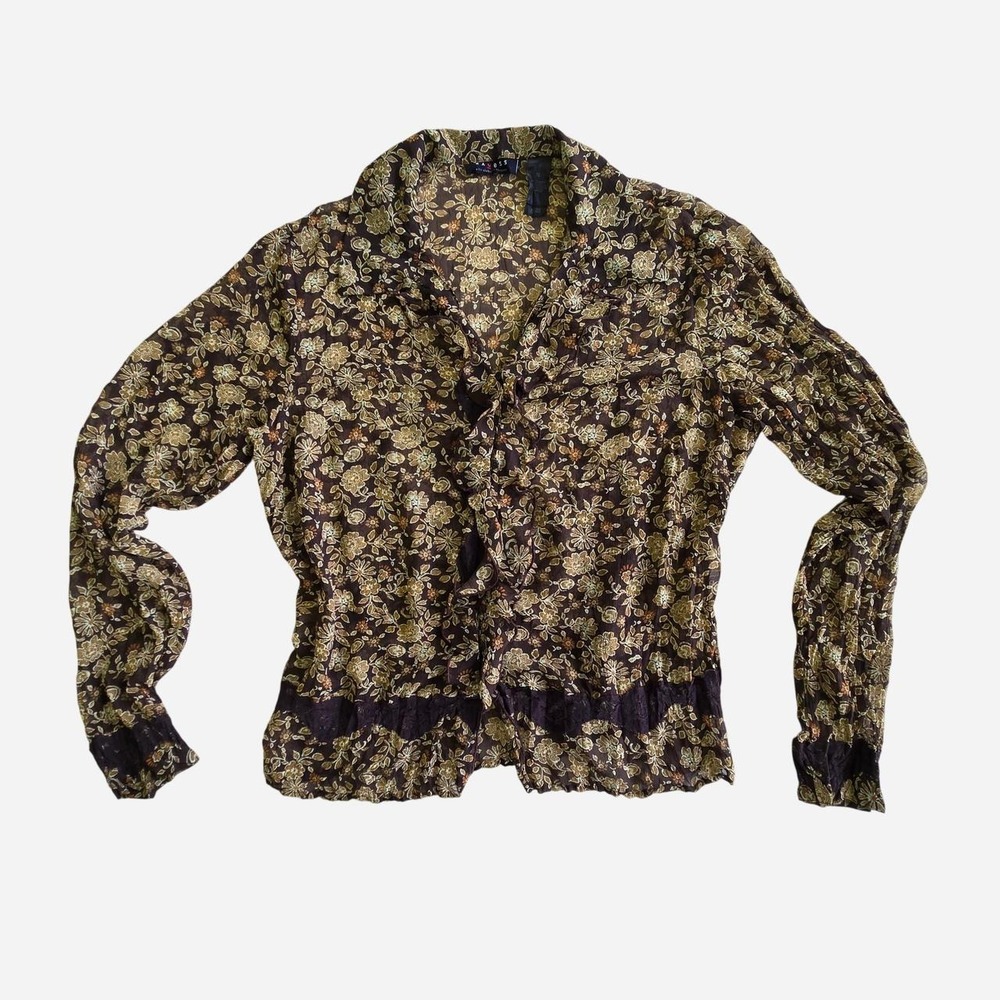 Whimsigoth fairy brown floral blouse with ruffle lace hem and button-up front.